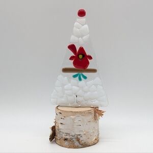 Handmade fused glass Christmas tree cardinal on birch